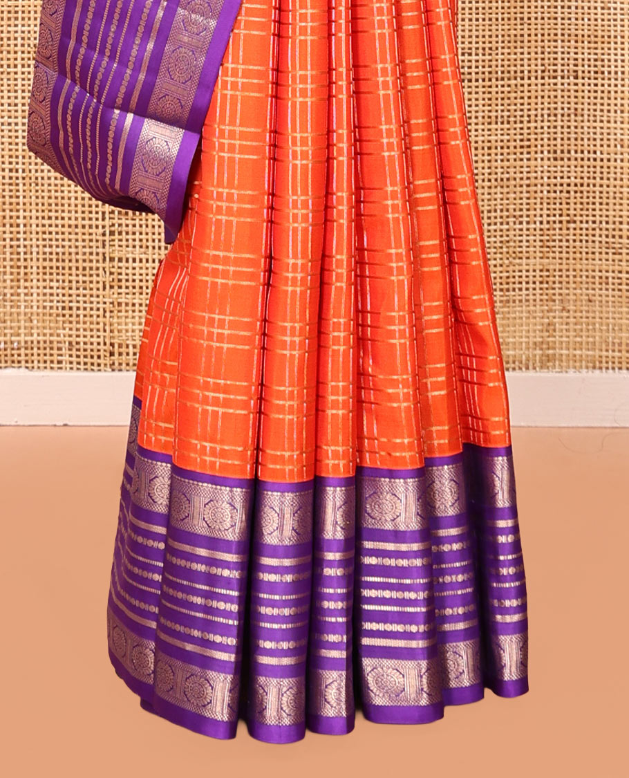 Orange Vasundhara Silk Saree, Enthralled with Zari Checks, a Contrast Border of Salngai, Bentex, Chakram, and Rudraksham Designs, Grand Pallu, and a Contrast Blouse