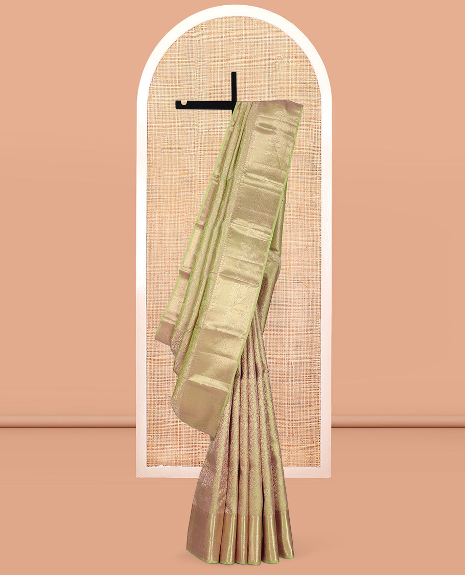 Green Kanchipuram Wedding Silk Saree, Detailed with Jacquard Design, a Zari Border of Thilakam, Mayil Kann, Kodi Visiry, Neli, and Manga Designs, Jaal Pallu, and a Matching Blouse