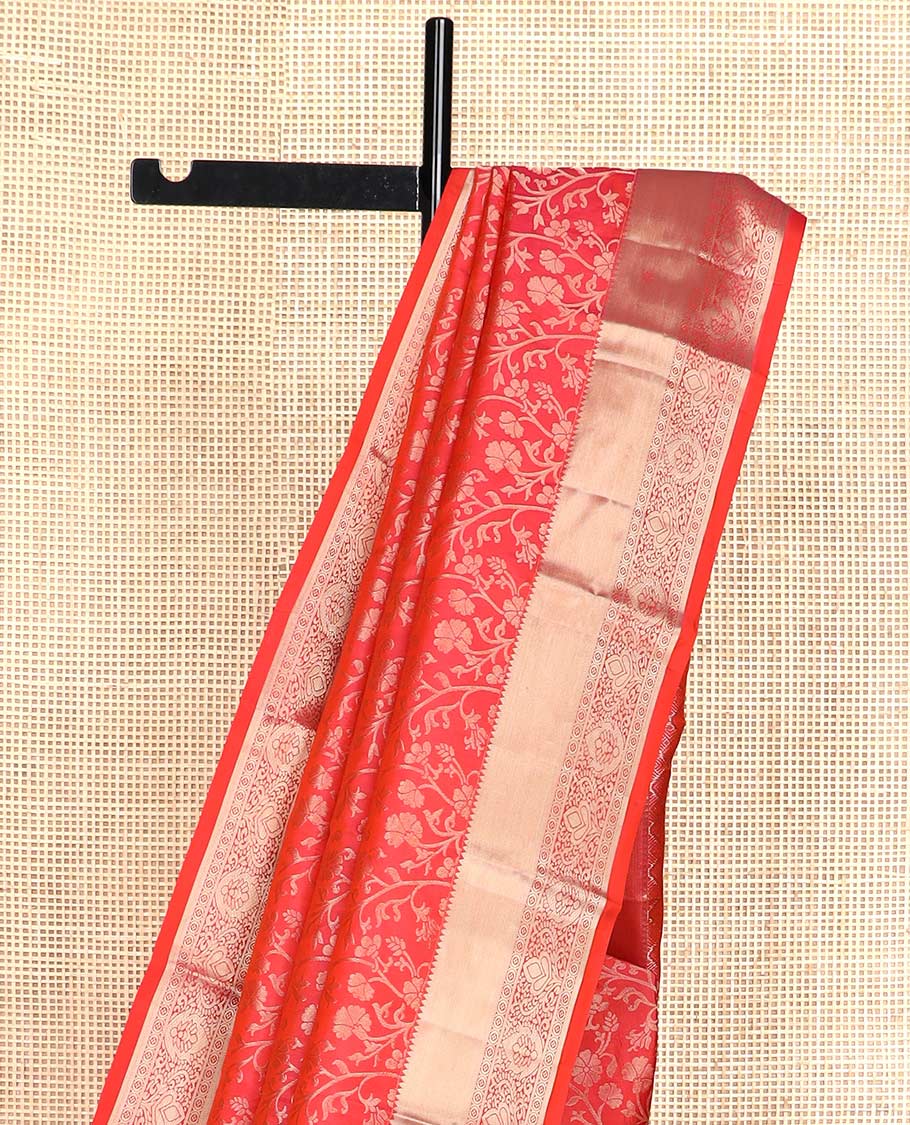 Red floral jaal jacquard wedding silk saree, zari border of traditional designs, and jaal pallu