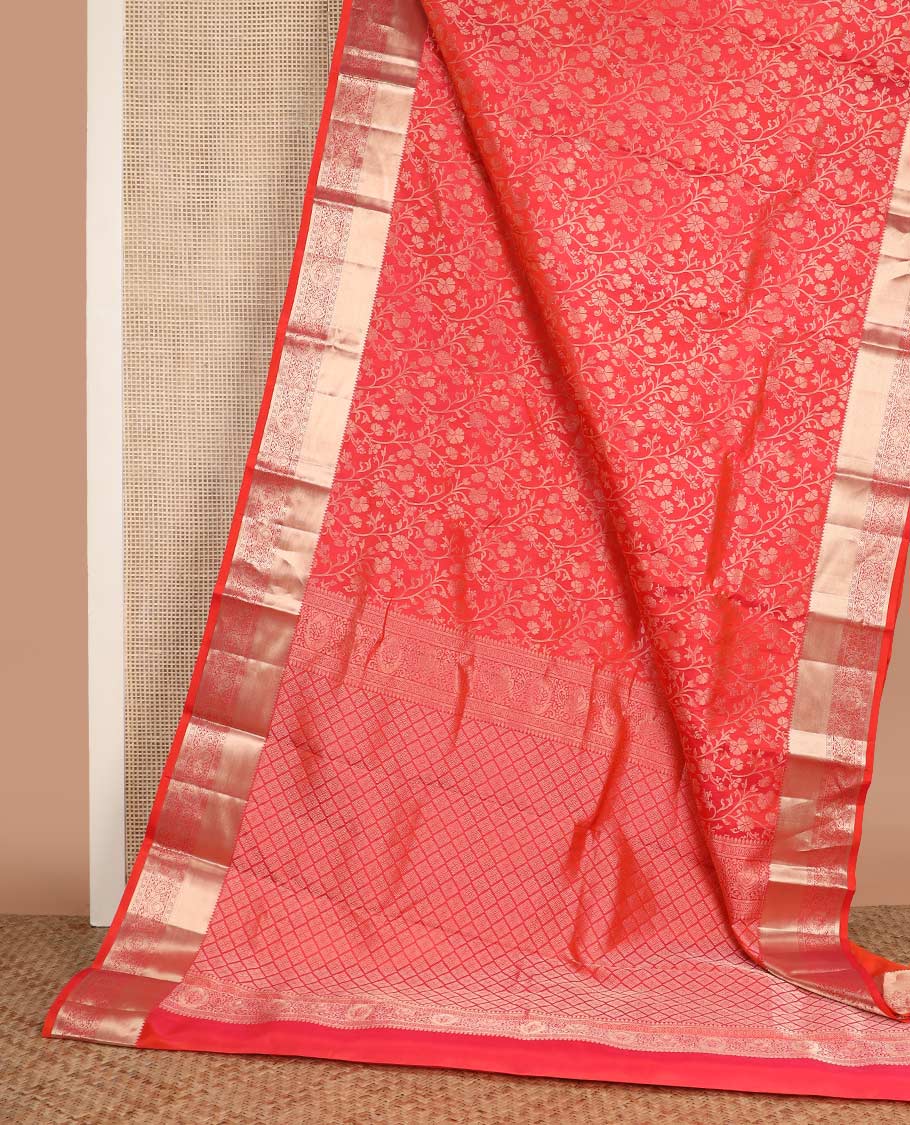 Red floral jaal jacquard wedding silk saree, zari border of traditional designs, and jaal pallu