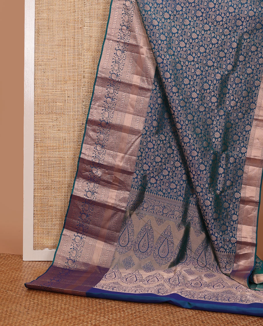 Blue jacquard wedding silk saree, zari border of rekku,Muthu,kazhugu & jaal design & pallu of animal motifs in zari