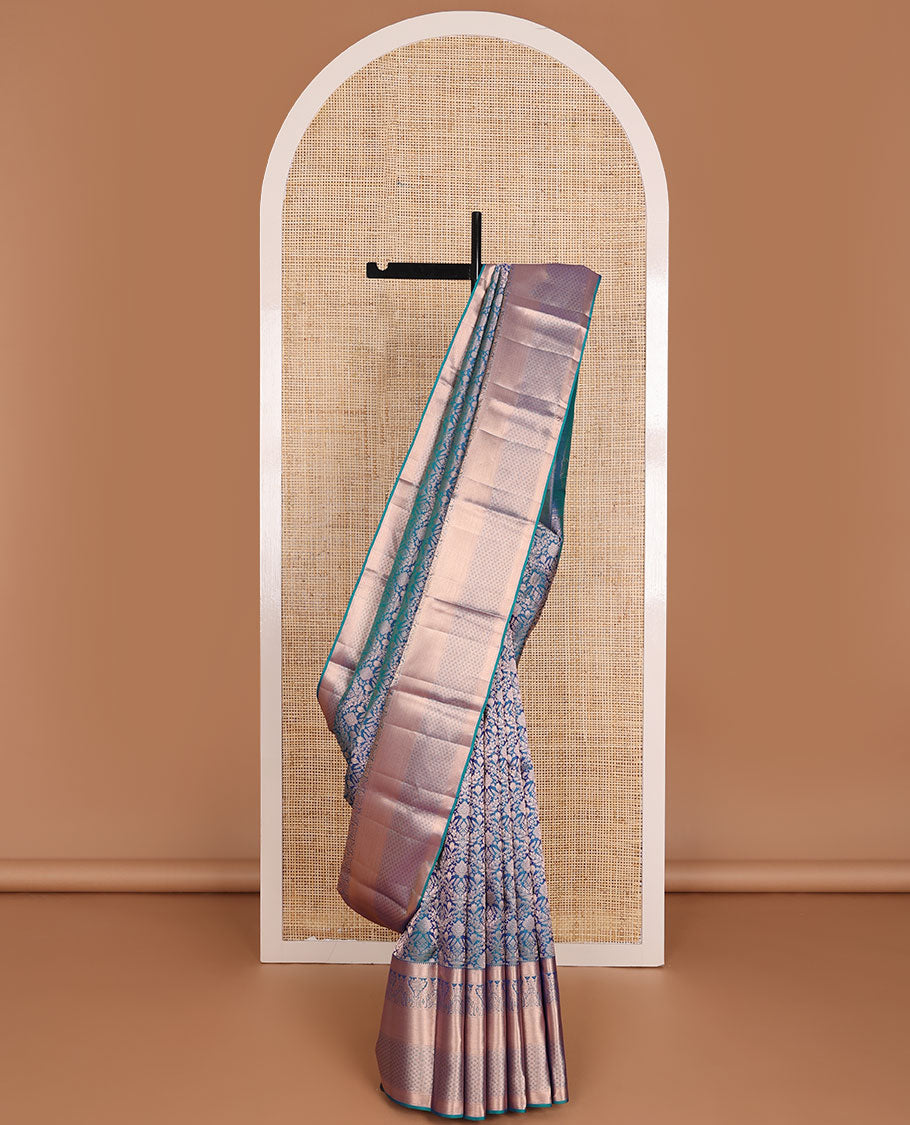 Blue jacquard wedding silk saree, zari border of rekku,Muthu,kazhugu & jaal design & pallu of animal motifs in zari