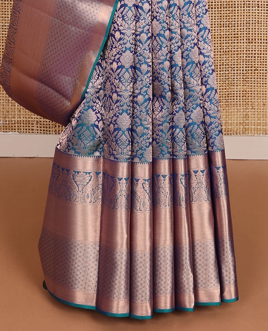 Blue jacquard wedding silk saree, zari border of rekku,Muthu,kazhugu & jaal design & pallu of animal motifs in zari