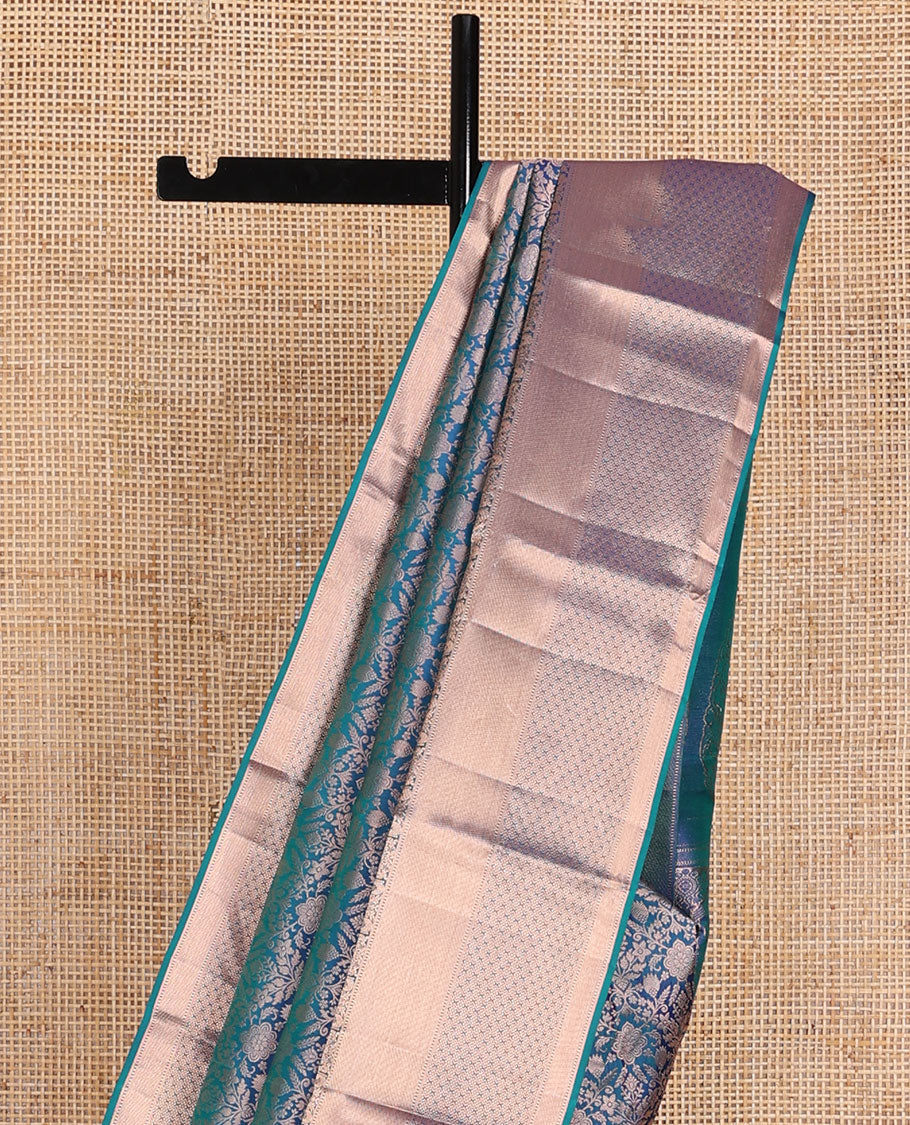 Blue jacquard wedding silk saree, zari border of rekku,Muthu,kazhugu & jaal design & pallu of animal motifs in zari