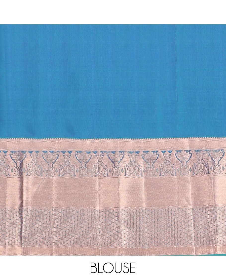 Blue jacquard wedding silk saree, zari border of rekku,Muthu,kazhugu & jaal design & pallu of animal motifs in zari