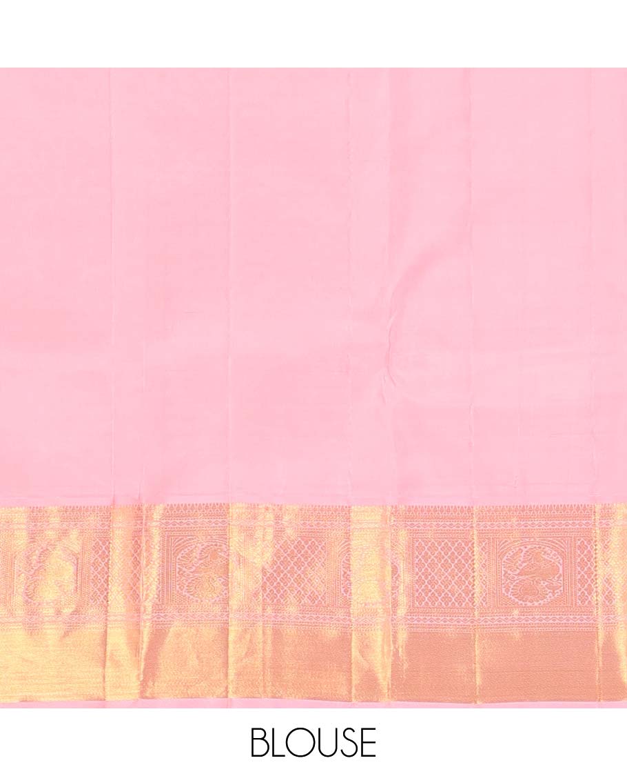 Blue jacquard wedding silk saree, contrast zari border of neli, banaras, jaal, and mayil designs, and floral design pallu