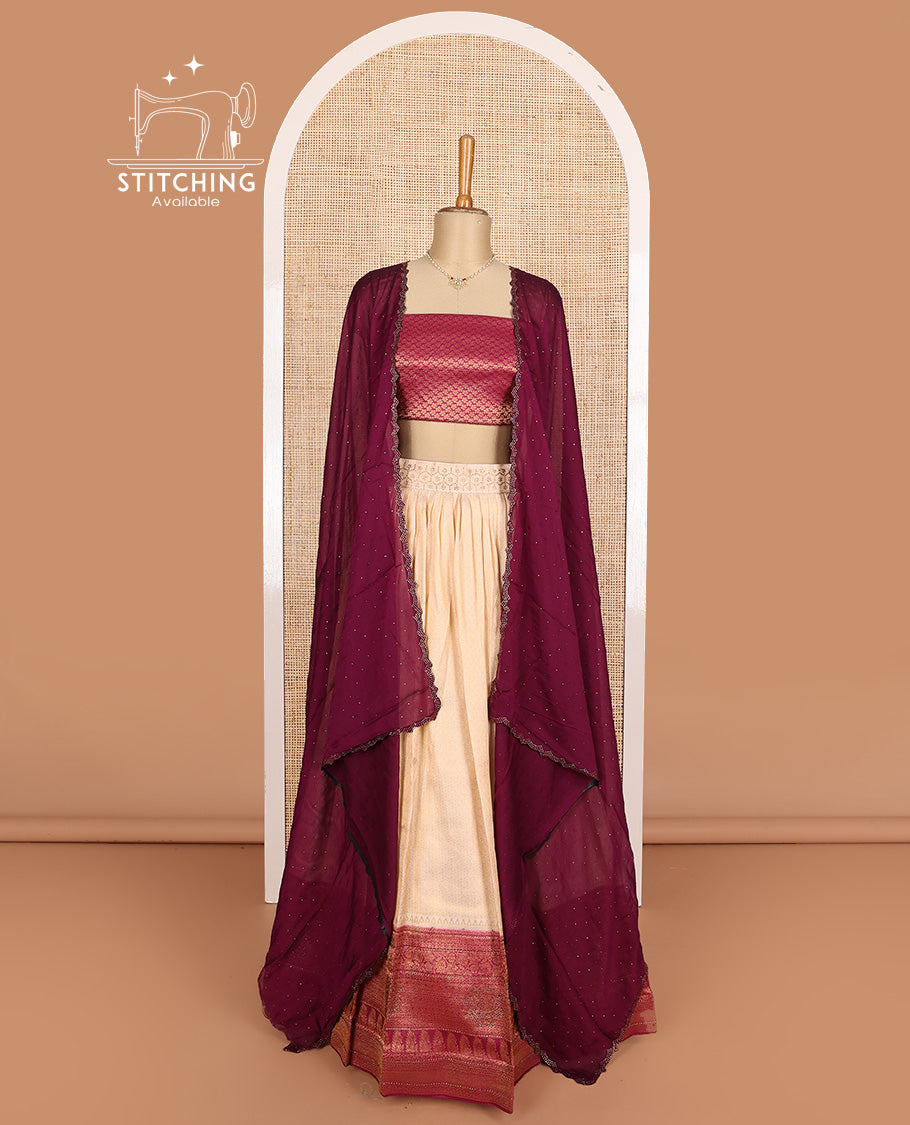 Red art silk half-saree, brocade with contrast traditional border skirt, contrast brocade blouse, scallop stone work dhavani, and detachable belt