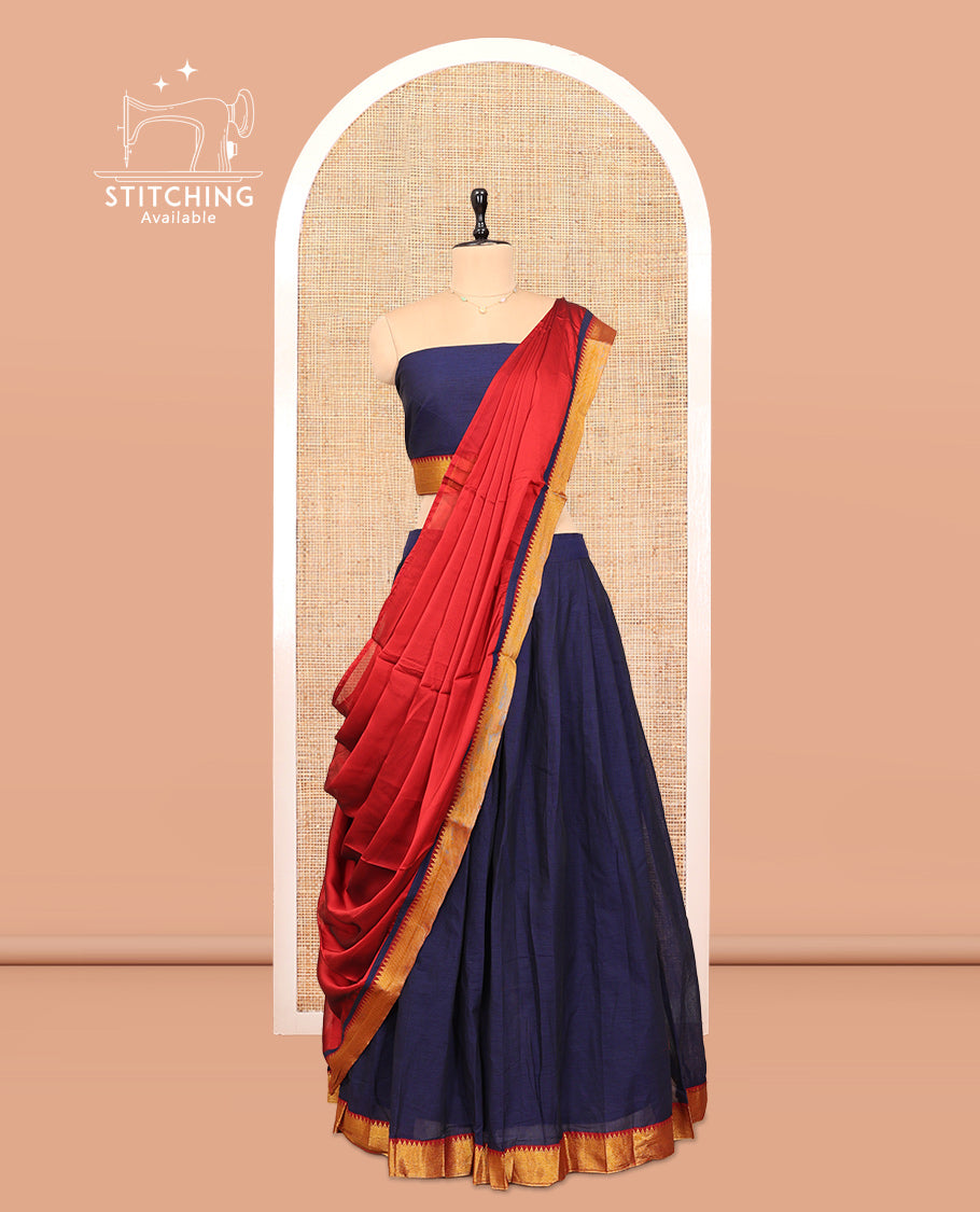 Dark Violet Cotton Half-Saree Features Plain Skirt, a Contrast Temple Zari Temple Border, a Matching Blouse, and a Contrast Dhavani