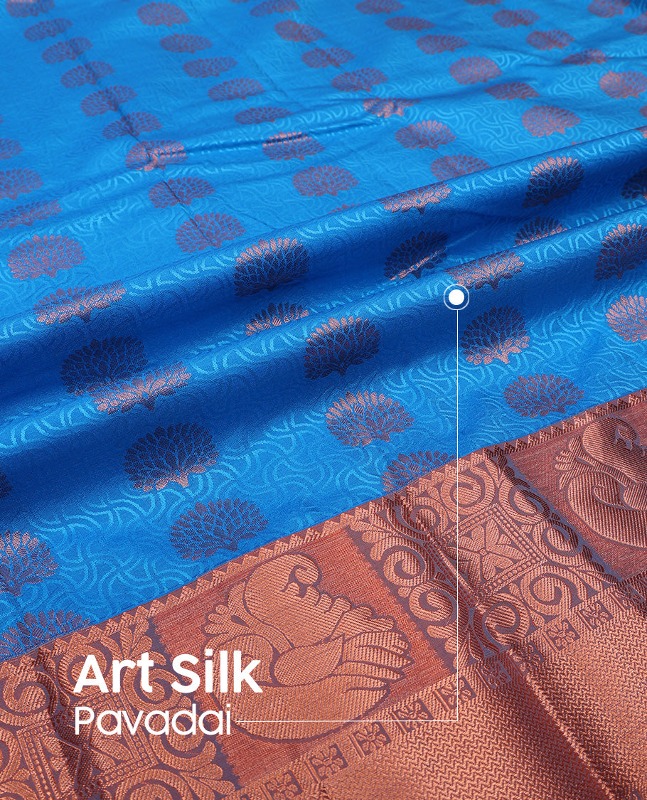 Azure blue art silk pavadai set, embossed, zari buttas and contrast traditional zari bordered skirt and a contrast dual-toned zari border blouse