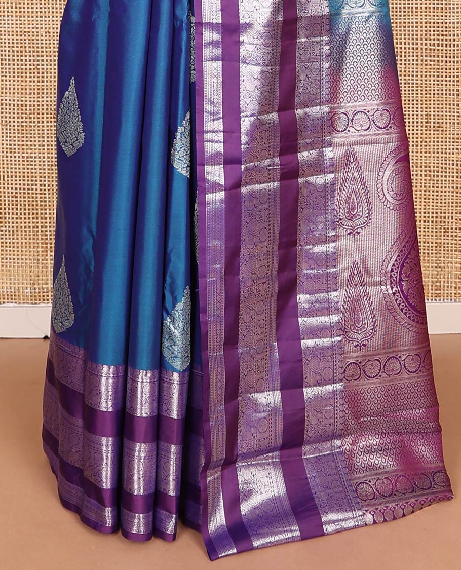 Blue zari buttas budget silk saree, contrast varisai pettu traditional zari design border, and pallu of paisleys