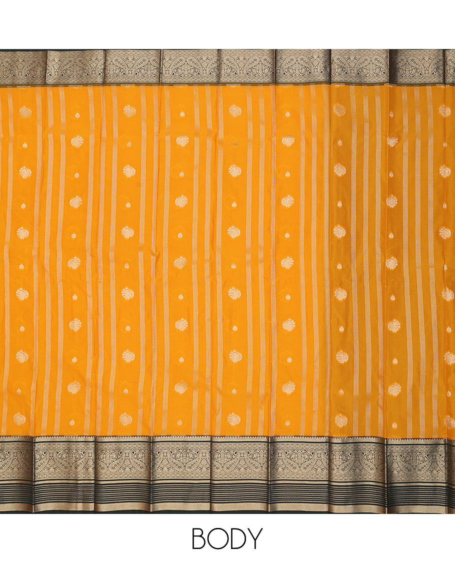 Orange zari buttas and striped budget silk saree, contrast traditional zari border, and Mughal-style intricately woven pallu