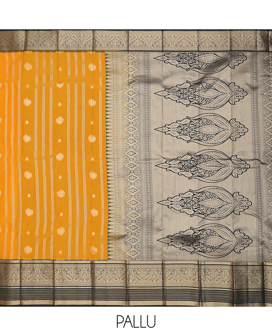 Orange zari buttas and striped budget silk saree, contrast traditional zari border, and Mughal-style intricately woven pallu