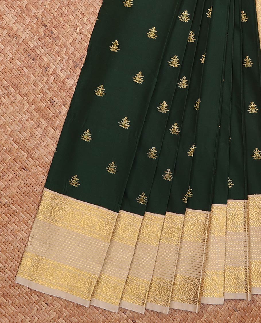Dark green zari buttas gift saree, contrast traditional zari design border, and jaal pallu