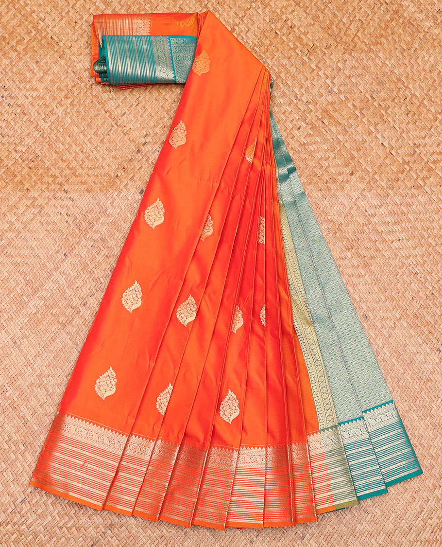 Orange Budget Silk Saree Highlighted by Zari Peacock Buttas, Featuring a Traditional Zari-Design Steeped Border, Captivating Contrast Jaal Pallu, and a Contrast Blouse