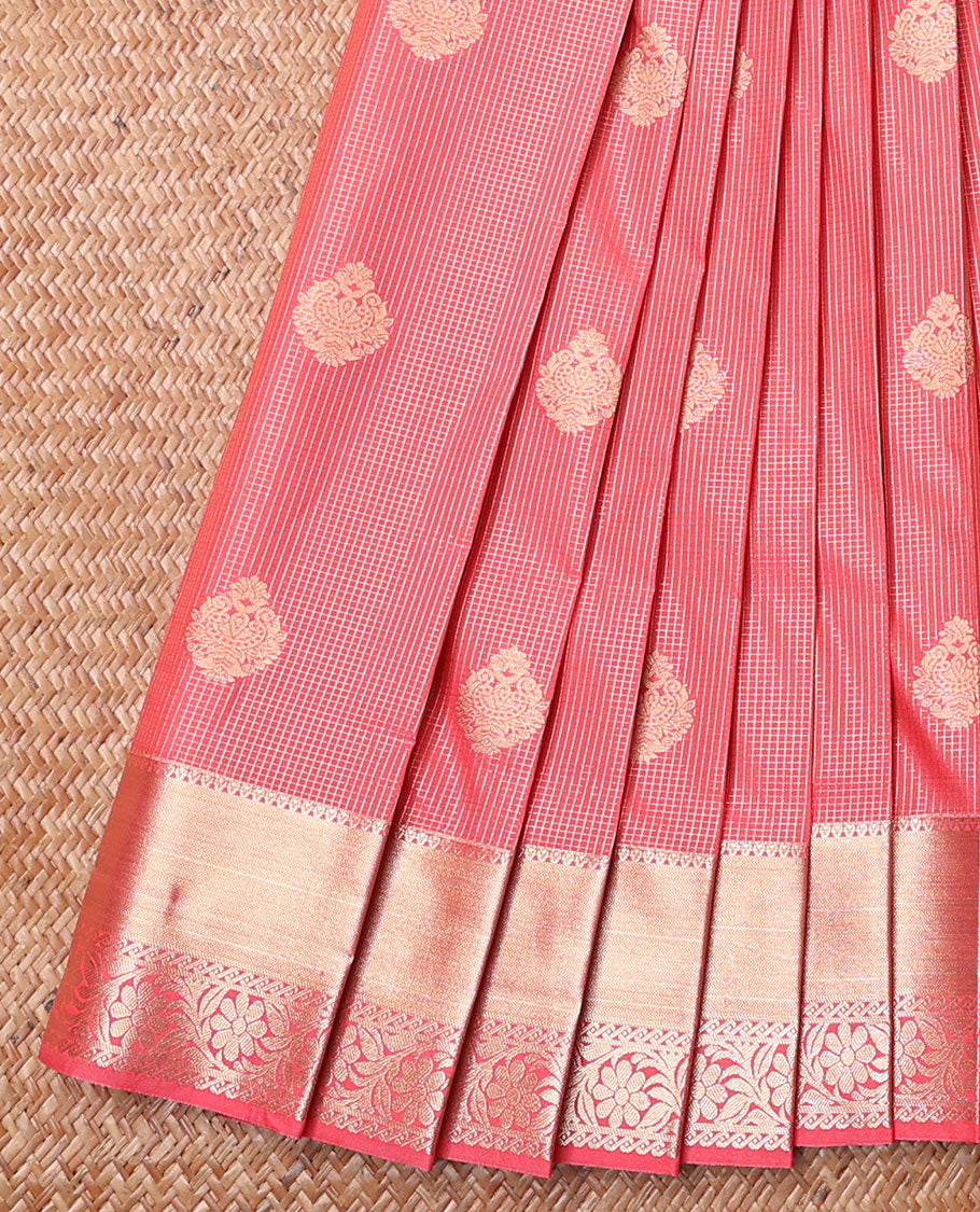 Pink Budget Silk Saree, Embellished with Zari Buttas and Zari Checks All Over Its Body, Highlighted by a Traditional Zari Design Border of Floral Creeper Designs, Pallu of Jaal Designs, and Paired with a Matching Blouse