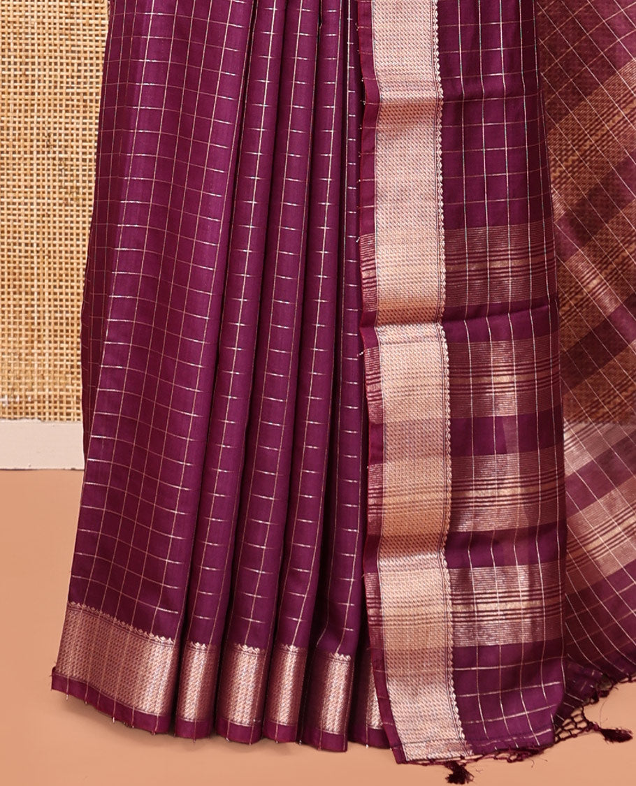 Purple Assam Silk Saree, Delicately Woven with Checks, Highlighted by a Traditional Border, a Self-Pallu, and a Matching Blouse