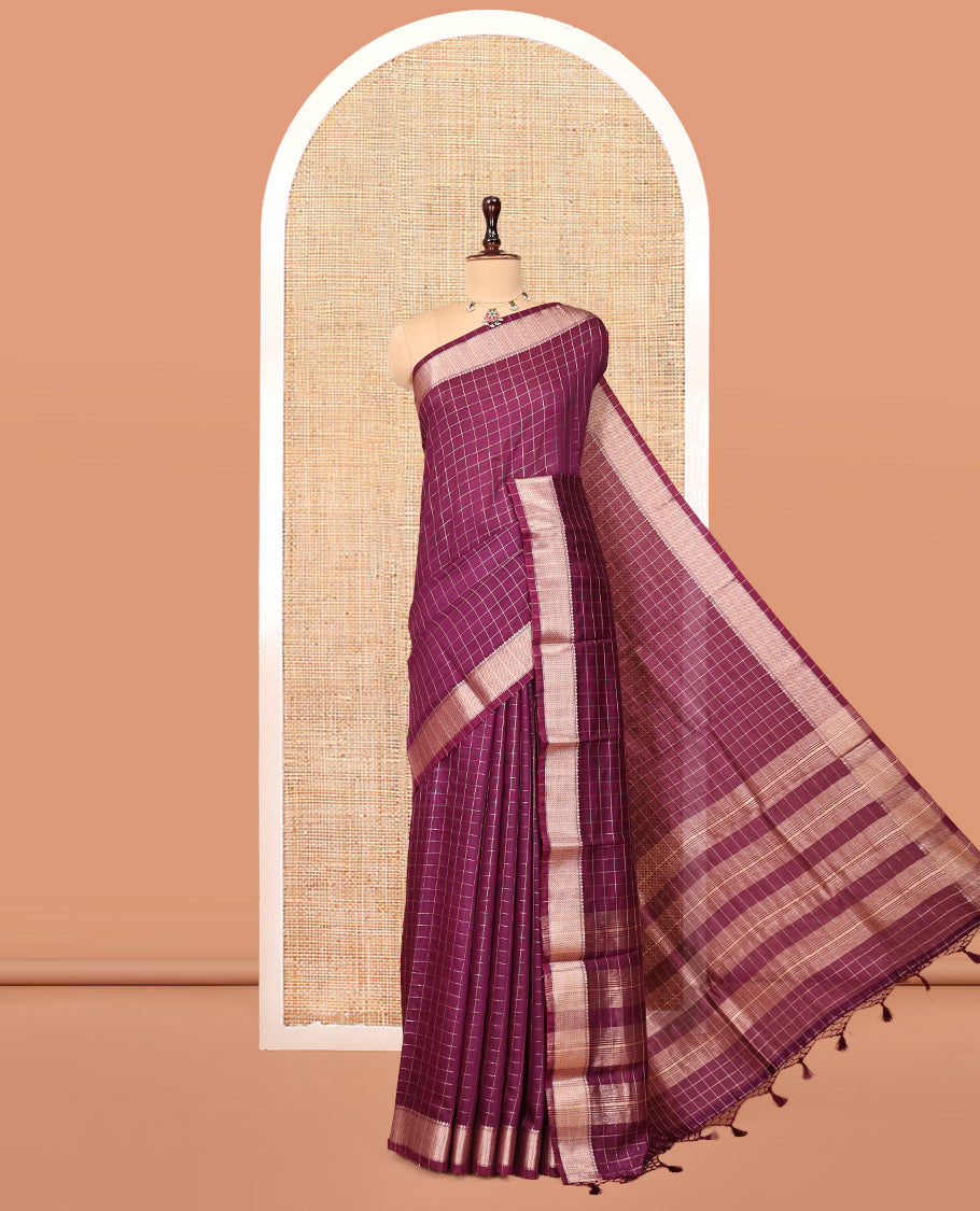 Purple Assam Silk Saree, Delicately Woven with Checks, Highlighted by a Traditional Border, a Self-Pallu, and a Matching Blouse