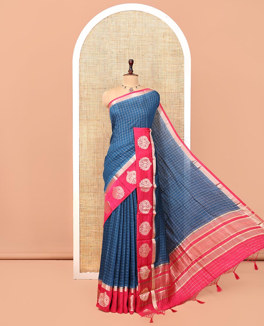 Blue Assam Silk Saree, Bedecked with Checks, Complemented by Contrast Peacock Design Border, Zari-Striped Pallu, and a Contrast Blouse