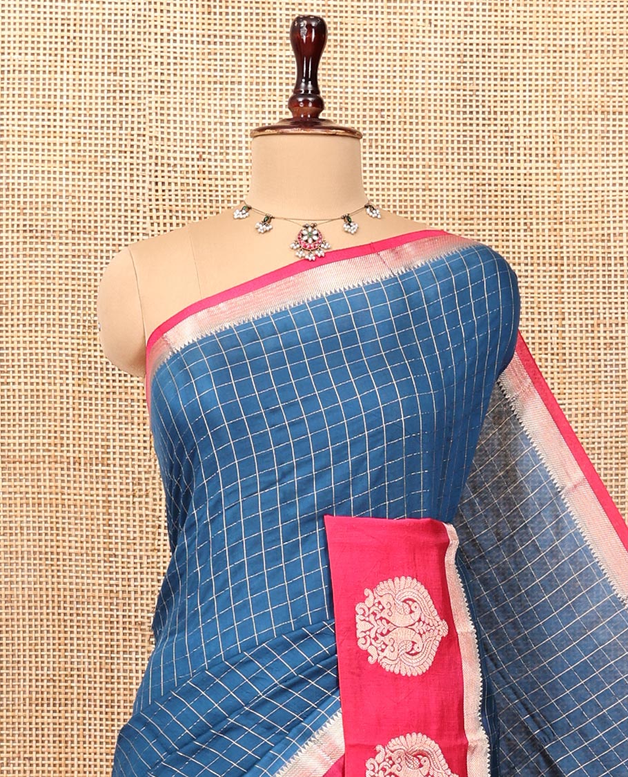 Blue Assam Silk Saree, Bedecked with Checks, Complemented by Contrast Peacock Design Border, Zari-Striped Pallu, and a Contrast Blouse