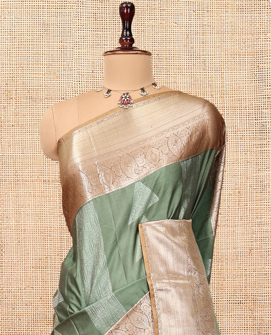 Green Budget Silk Saree, Bedecked with Stripes and Buttas, Contrast Traditional Zari Border, Intricate Pallu, and a Contrast Blouse