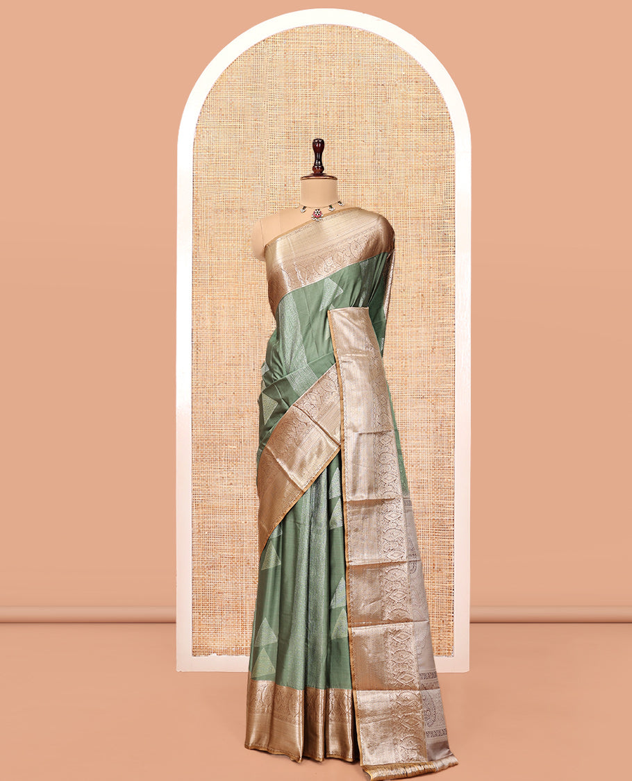 Green Budget Silk Saree, Bedecked with Stripes and Buttas, Contrast Traditional Zari Border, Intricate Pallu, and a Contrast Blouse