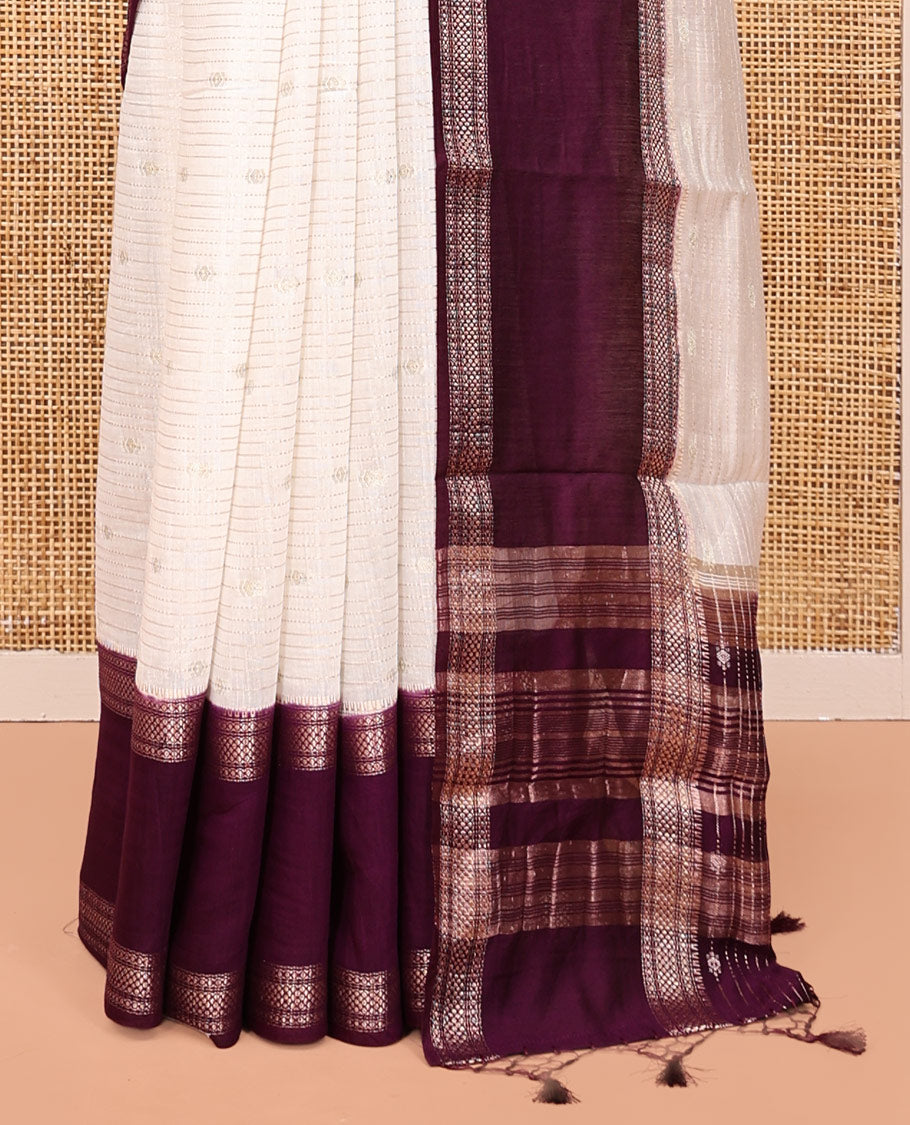 Cream Assam Silk Saree, Impeccably Styled with Zari Stripes, Complemented by a Contrast Traditional Zari Border, Zari-Striped Pallu, and a Contrast Blouse