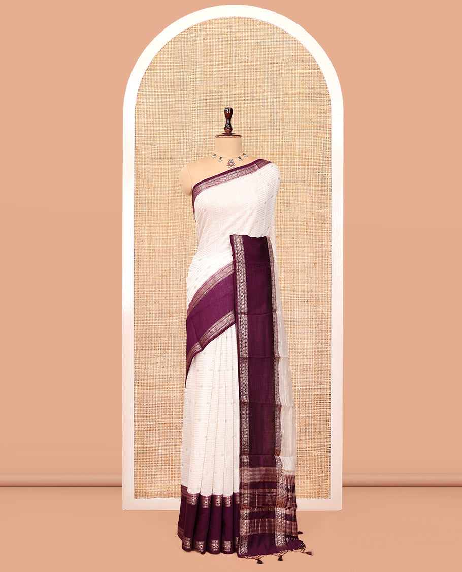 Cream Assam Silk Saree, Impeccably Styled with Zari Stripes, Complemented by a Contrast Traditional Zari Border, Zari-Striped Pallu, and a Contrast Blouse