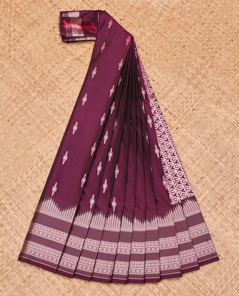 Purple Budget Silk Saree, Woven with Zari Buttas, Highlighted by Traditional Zari Design Border, Grand Pallu, and a Matching Blouse