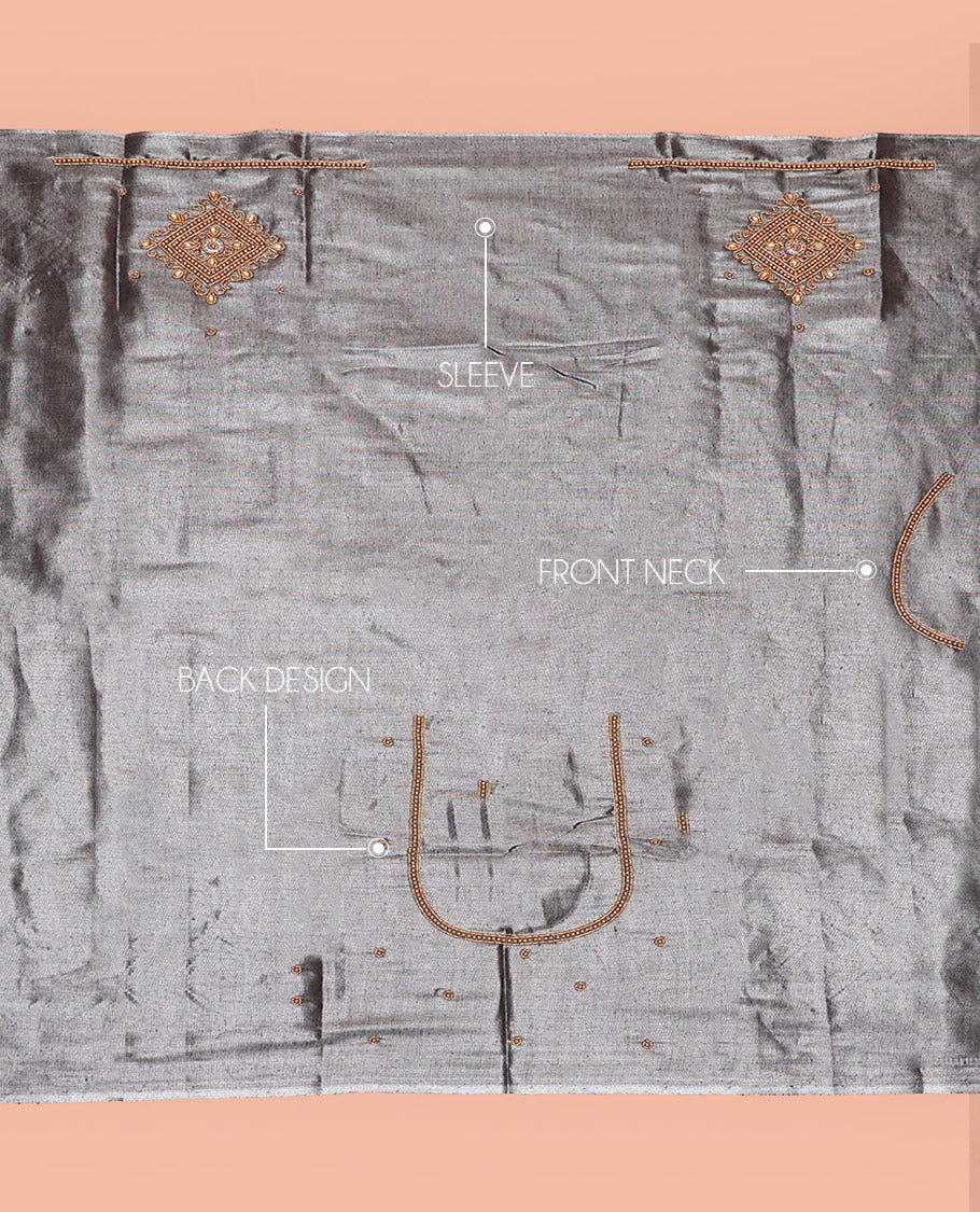 Gleaming Grey Aari Material Blouse Enlivened with Floral Design in Beads Embroidery