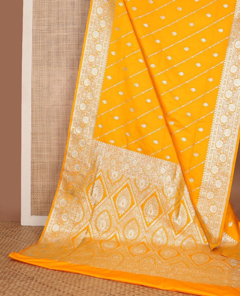Orange floral design semi banaras nylon saree with self floral zari design border & floral design pallu