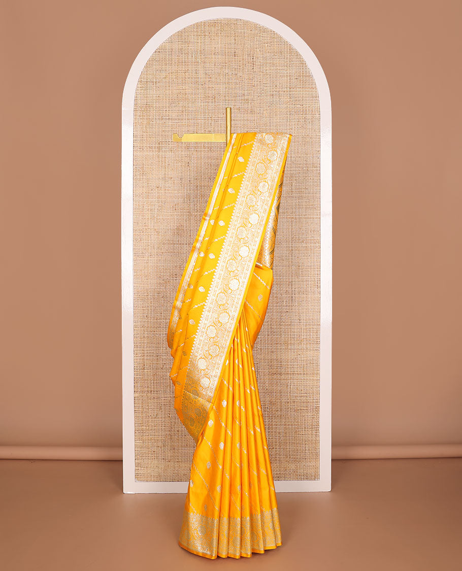 Orange floral design semi banaras nylon saree with self floral zari design border & floral design pallu