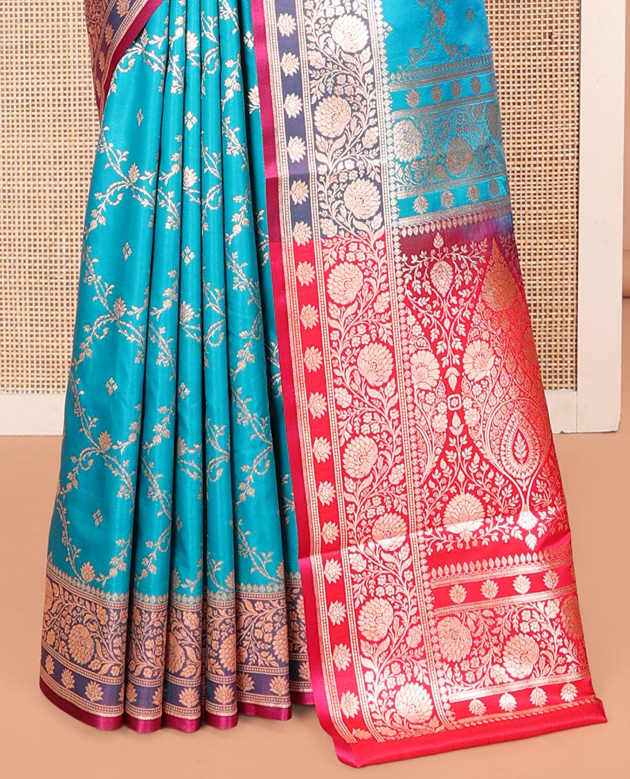 Blue Banarasi Nylon Saree, Spotlighted with Jacquard, Contrast Floral Creeper Zari Border, Intricate Pallu, and a Contrast Blouse
