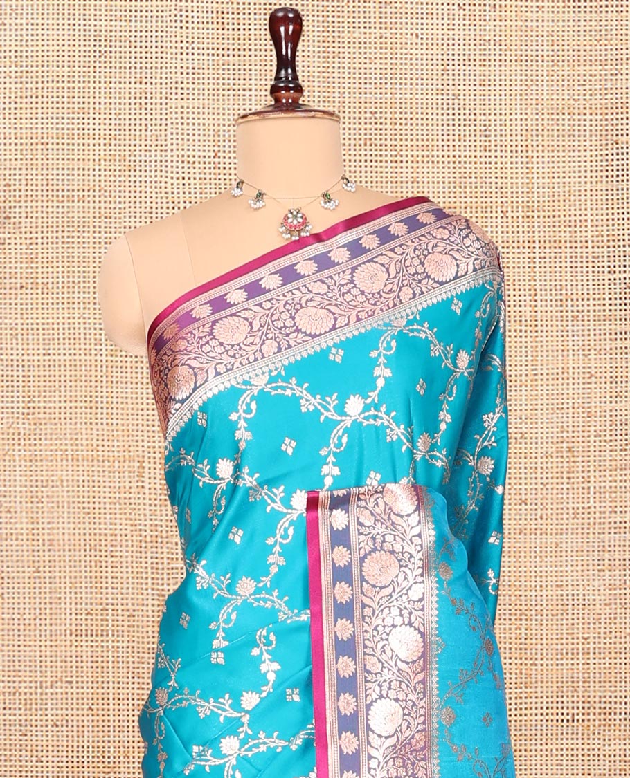 Blue Banarasi Nylon Saree, Spotlighted with Jacquard, Contrast Floral Creeper Zari Border, Intricate Pallu, and a Contrast Blouse