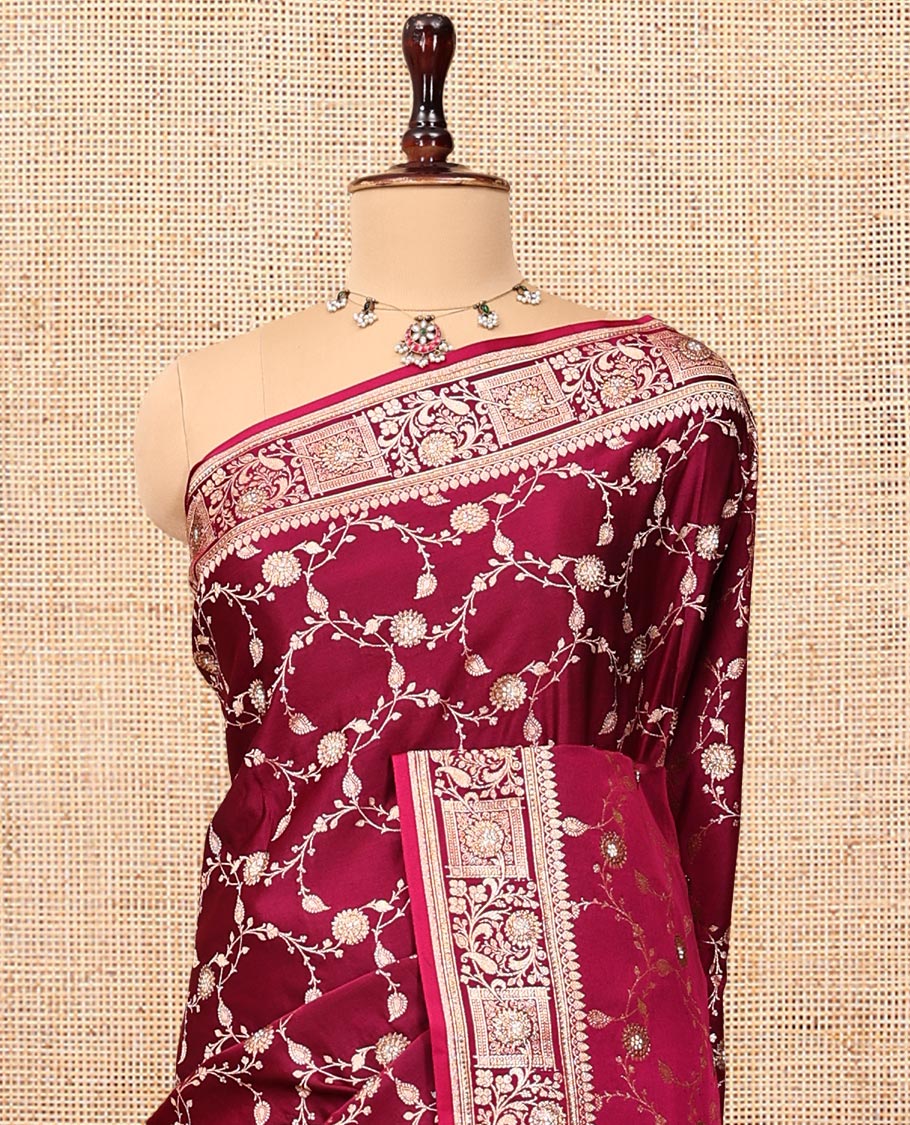 Red Wine Banarasi Satin Saree, Decked Up with Floral Jaal Jacquard, a Floral Creeper Border, Intricate Stonework Pallu, and a Matching Blouse