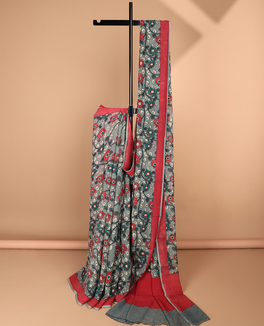 Grey kalamkari-style floral vine printed semi banaras crepe saree, contrast border & pallu of geometric print
