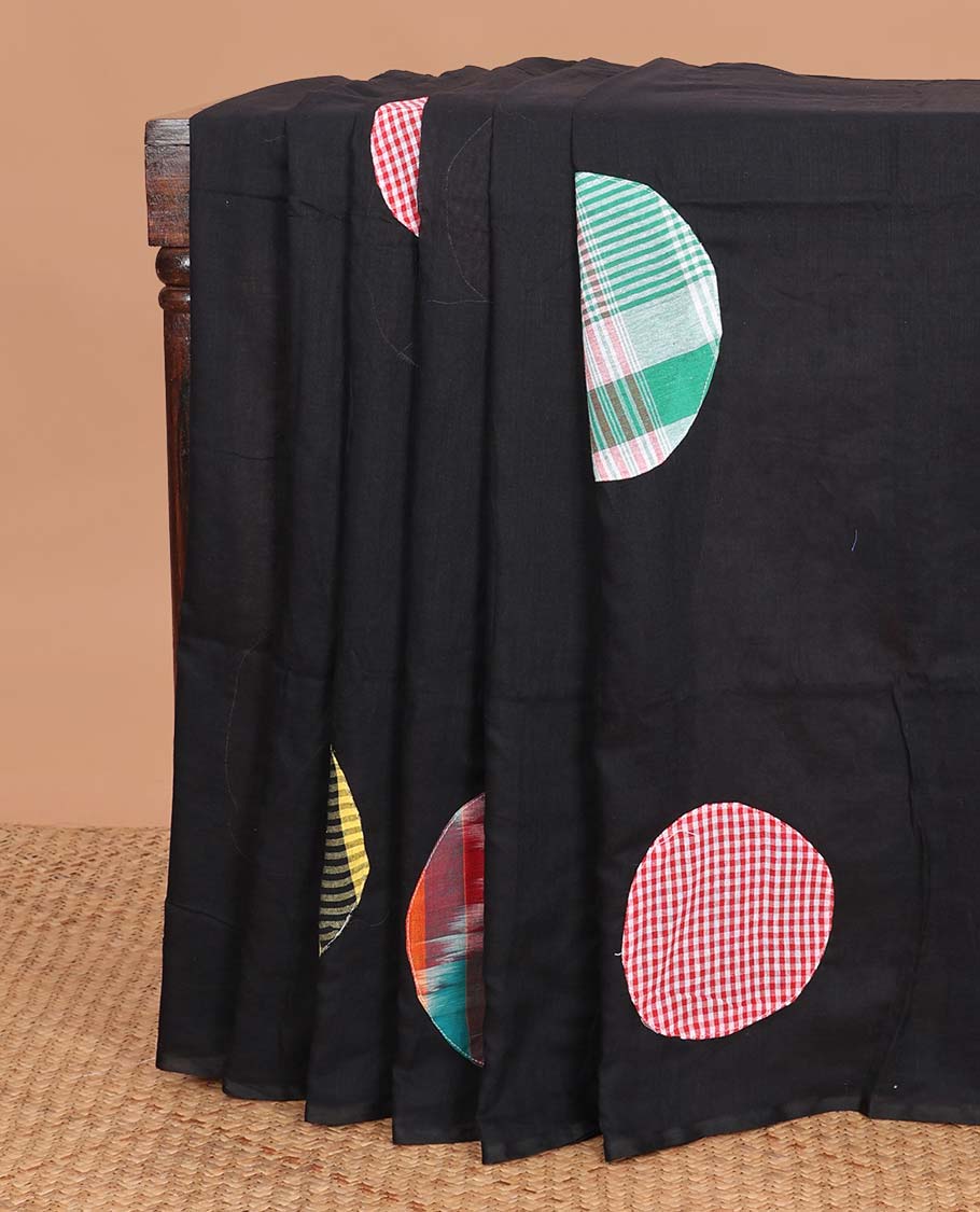 Borderless black cloth patch work-style big polka dotted saree with multi-color tassels