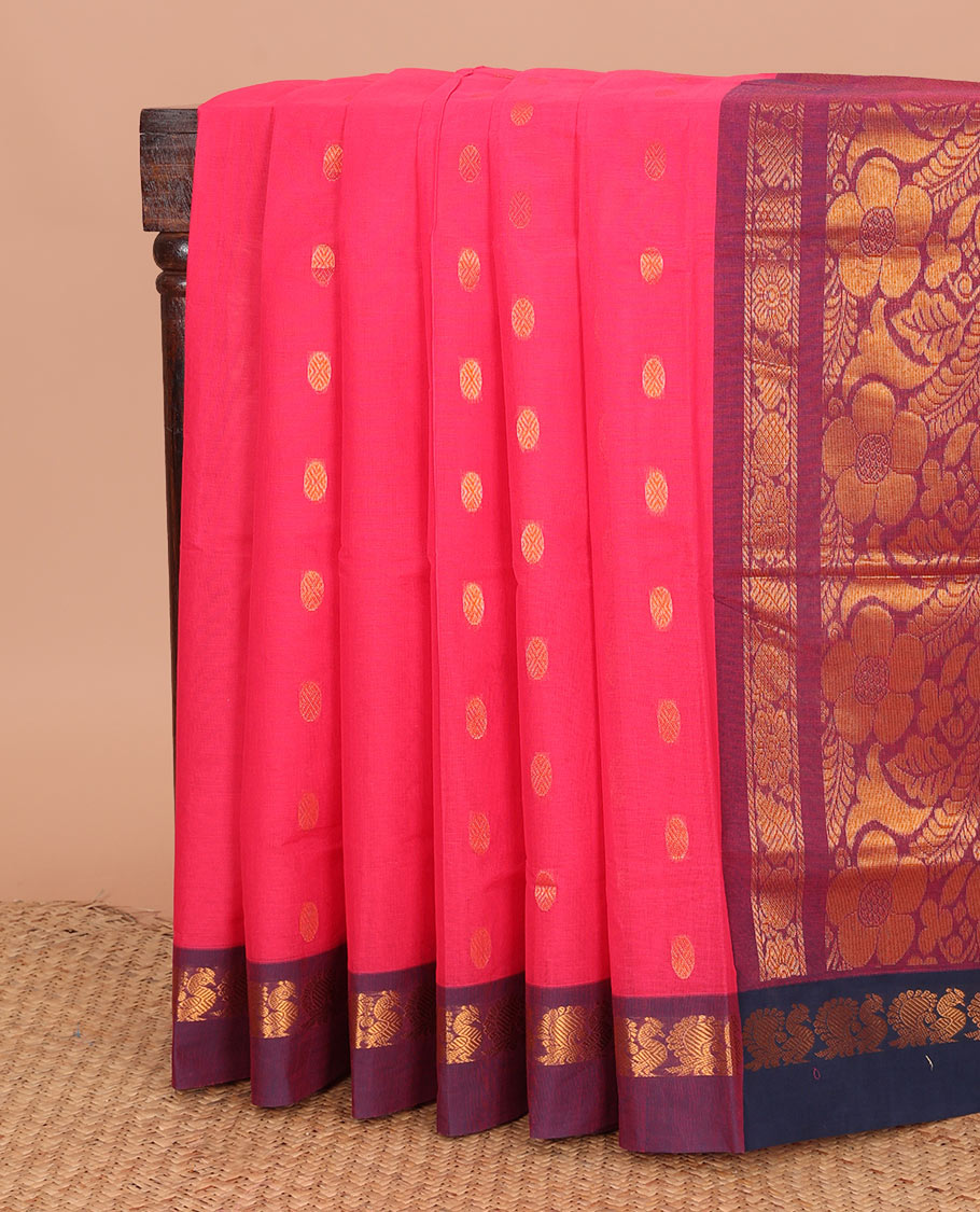 Pink zari buttas Venkatagiri cotton saree, contrast zari border of peacock motifs, and floral design pallu