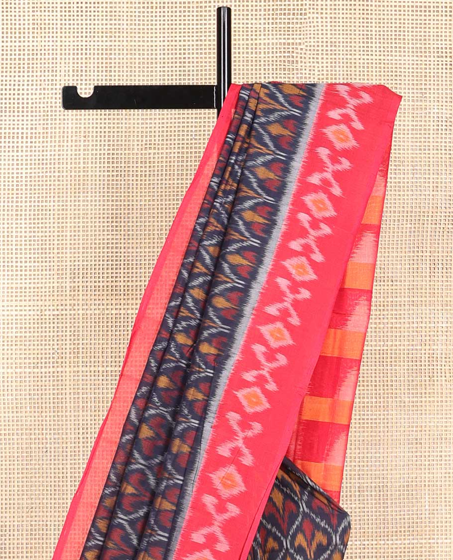 Black floral ogee design ikkat cotton saree with contrast floral design border & geometric design pallu