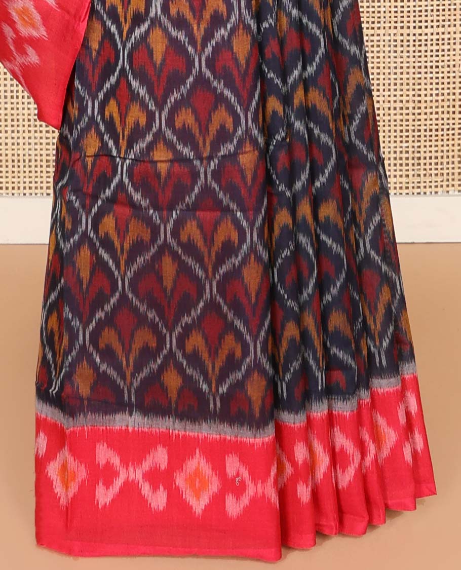 Black floral ogee design ikkat cotton saree with contrast floral design border & geometric design pallu