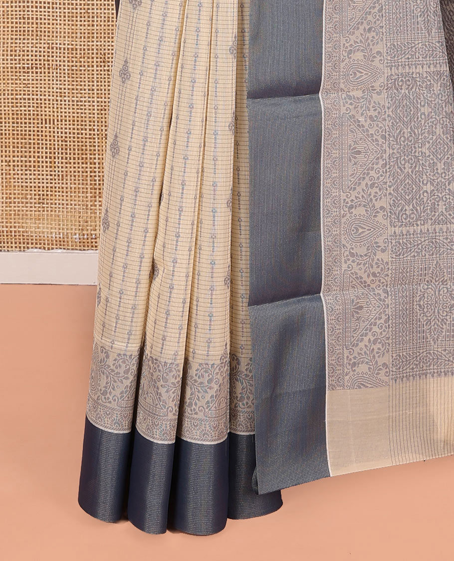 Sandal Semi-Silk Cotton Saree, Adorned with Stripes and Buttas All Over Its Body, Complemented by Contrast Border, Pallu of Intricate Designs, and Paired with a Matching Blouse