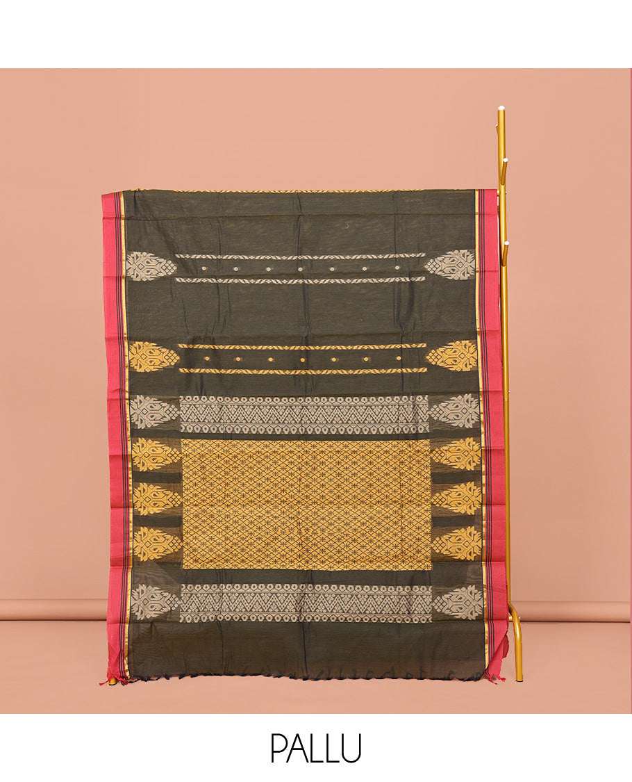 Green Kanchi Cotton Saree, Delicately Woven with Stripes and Buttas All Over Its Body, Complemented by Contrast Border, Jaal Pallu and Paired with a Matching Blouse