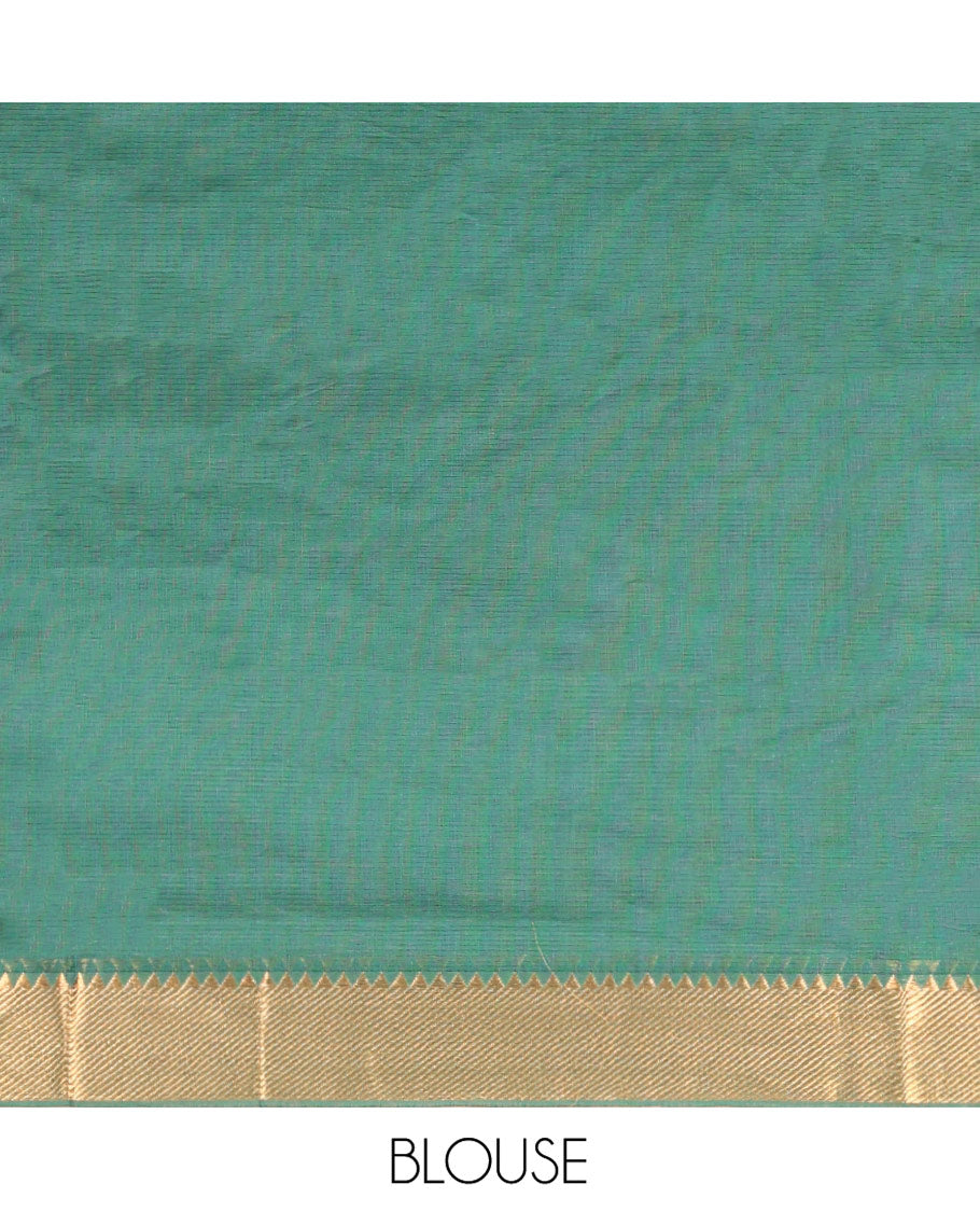 Dark Green Sparsely Striped Mangalgiri Cotton Saree, Highlighted by a Zari Border, Gleaming Zari-Striped Pallu, and Paired with a Matching Blouse Blouse
