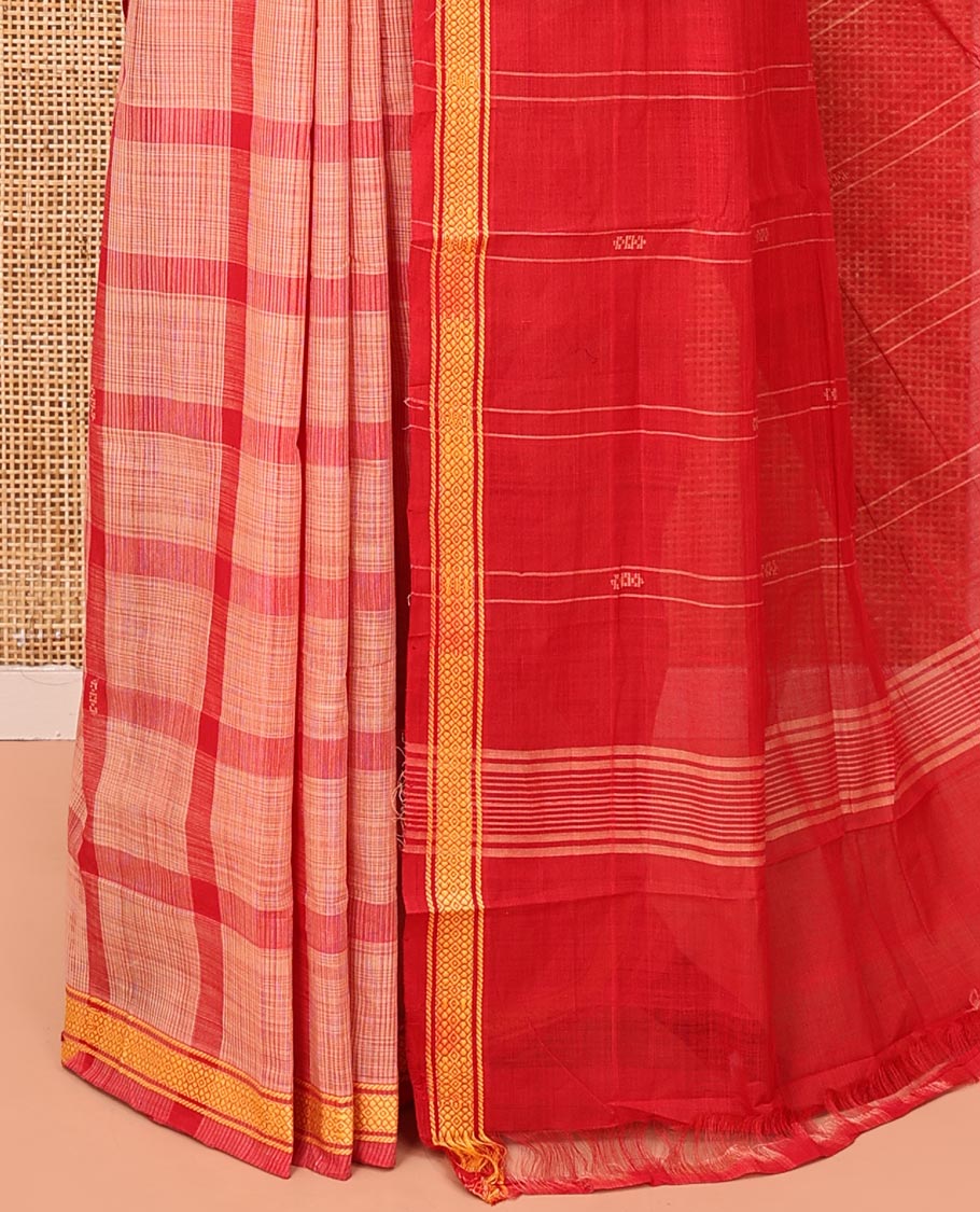 Red Andhra Cotton Saree, Showcasing Big Checked Design All Over Its Body, Subtly Sparked with a Traditional Border, Pallu of Stripes, and Paired with a Matching Blouse