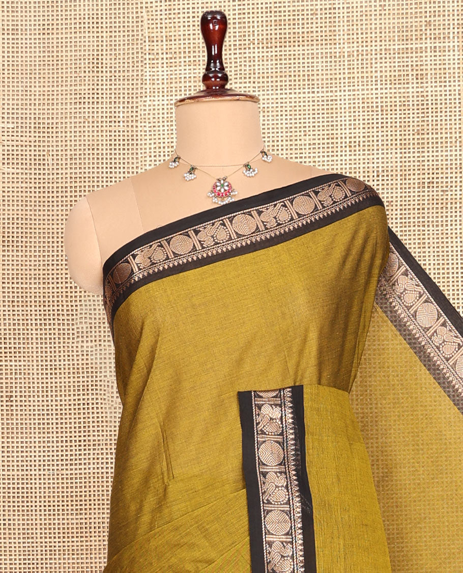Green Plain Chettinad Cotton Saree, Complemented by a Traditional Zari Border, Striped Pallu, and a Matching Blouse