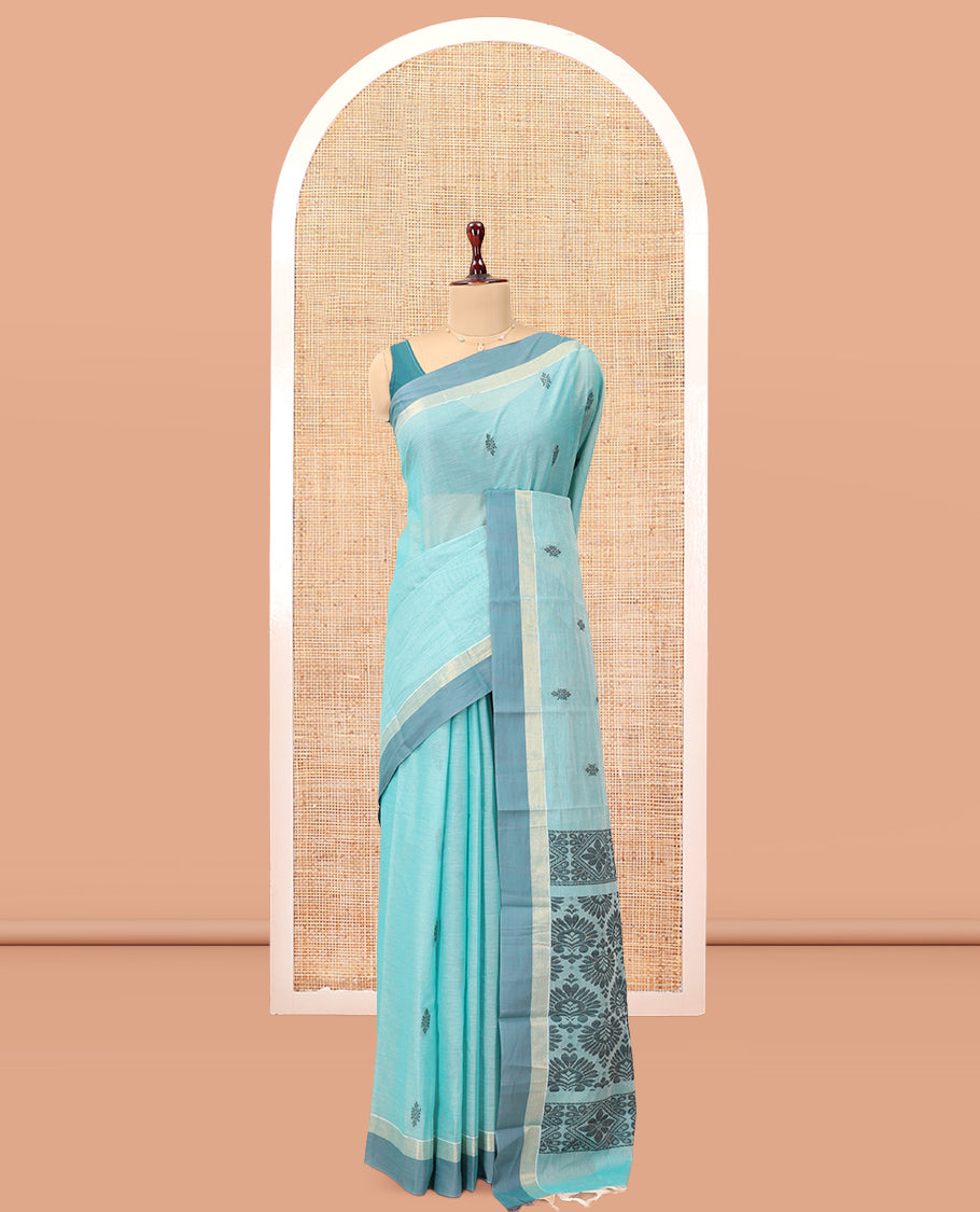 Sky Blue Kanchi Cotton Saree, Woven with Thread Buttas, a Contrast Border, Pallu of Intricate Design, and a Matching Blouse