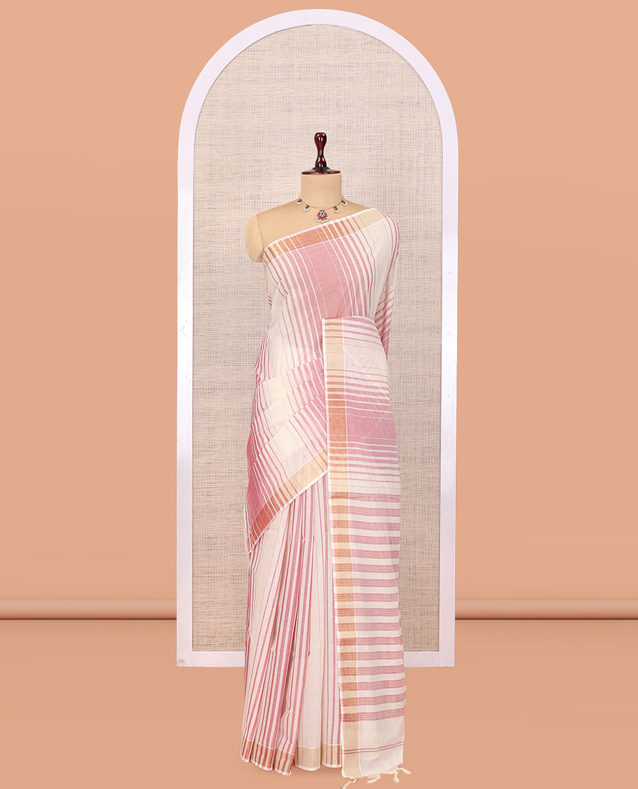 Cream-Pink Jute Cotton Saree
