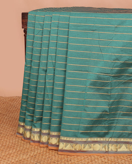 Sea green striped poly cotton saree with contrast temple design border & striped pallu