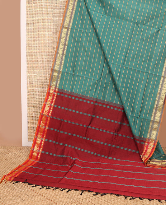 Sea green striped poly cotton saree with contrast temple design border & striped pallu
