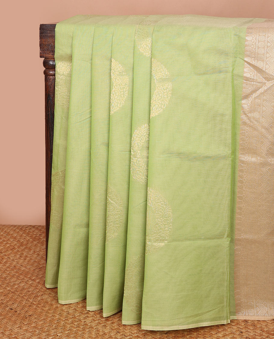Borderless green zari buttas Combatiore cotton saree, contrast floral vine zari pallu