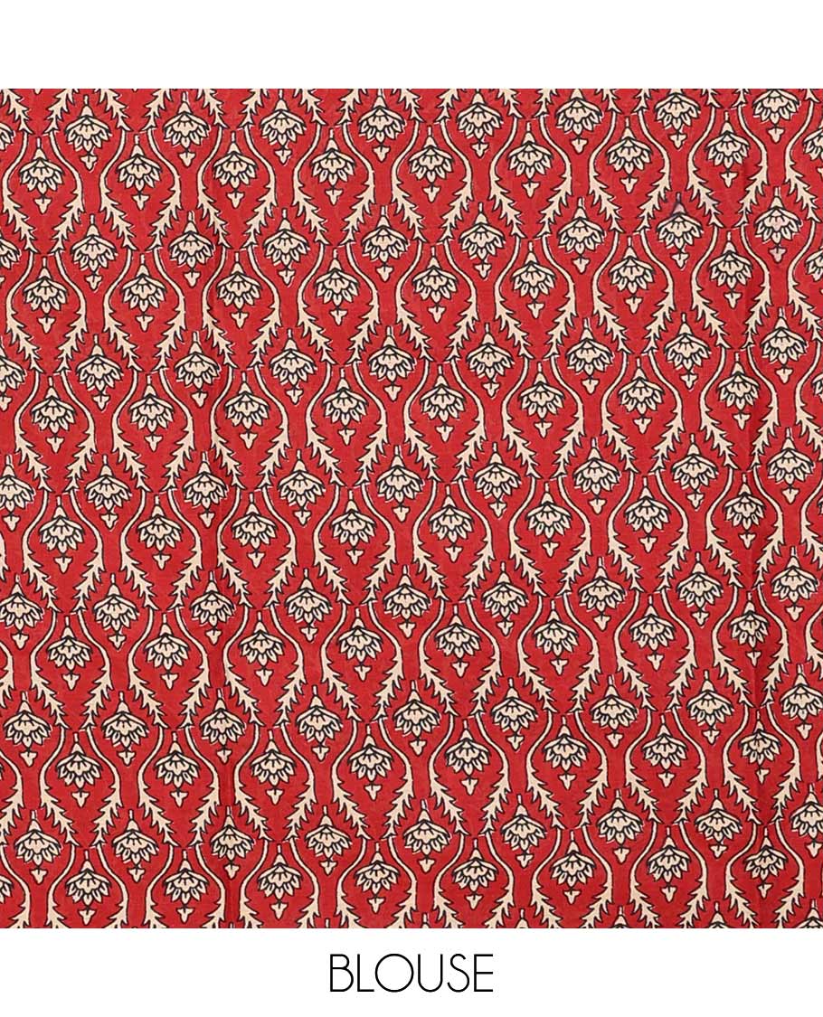 Red floral printed mul mul cotton saree, diamond patterns printed border, and pallu of intricate print